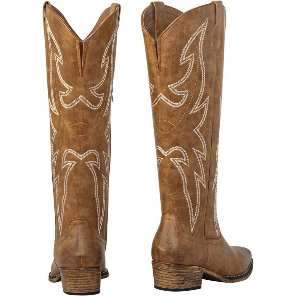 Women's Tan Leather Square Toe Embroidered Western Knee High Cowgirls Boots - Picture 7 of 7